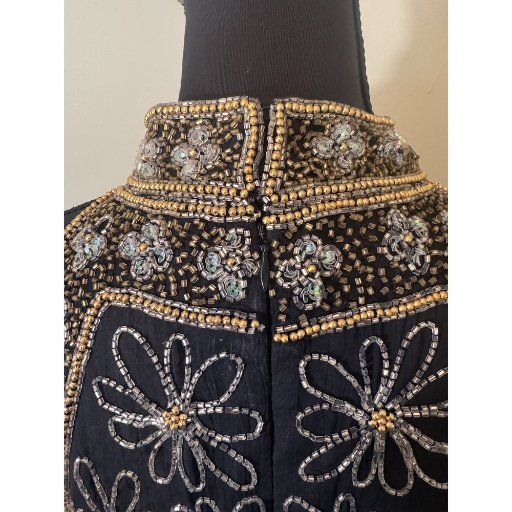 Vintage 90s Beaded Boho Top Luxe Black Gold Floral Halter Glam Art Deco Women L - Picture 6 of 8